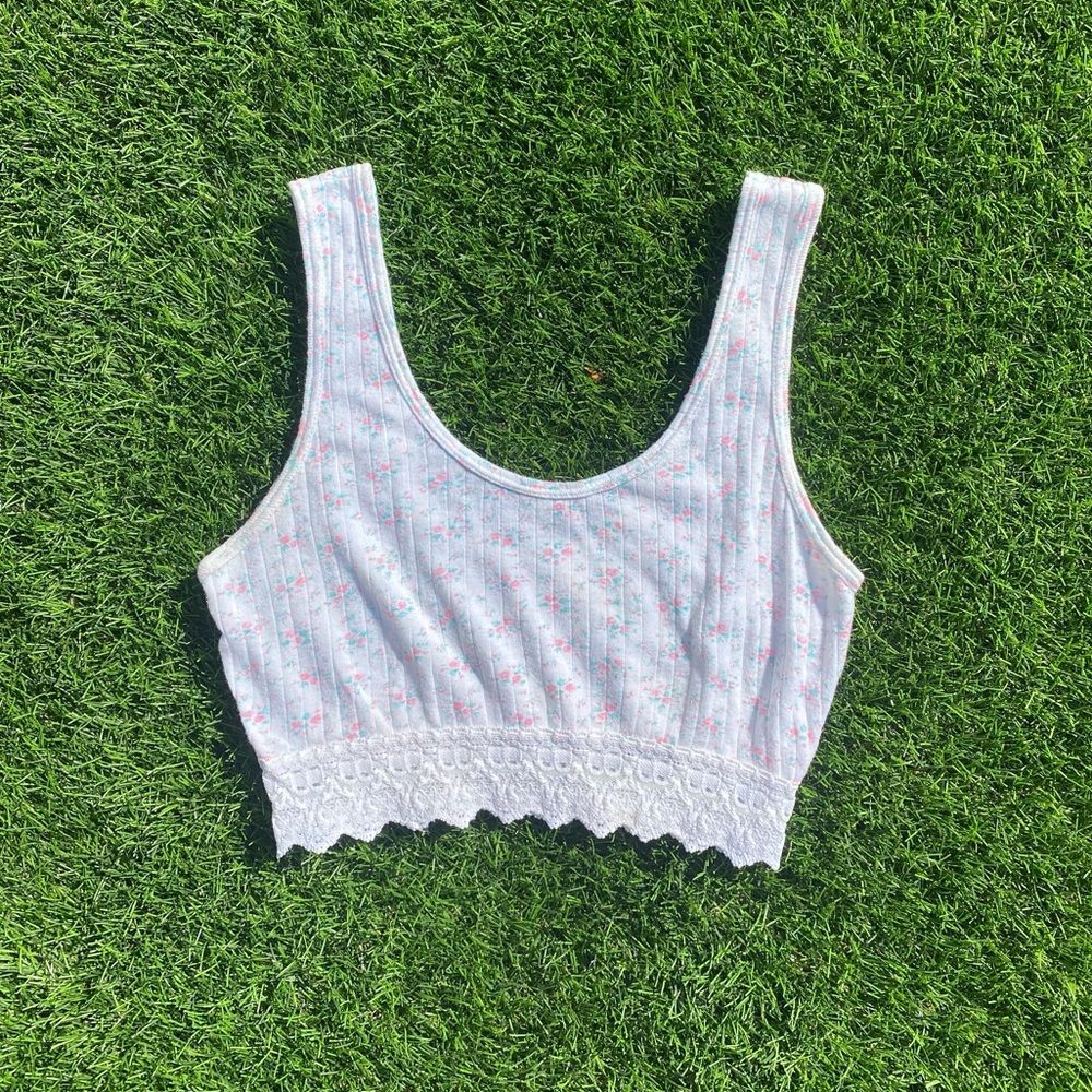 90s Vintage Tiny Floral Lace Babydoll Crop Top Shirt S M Womens White Pink Tank